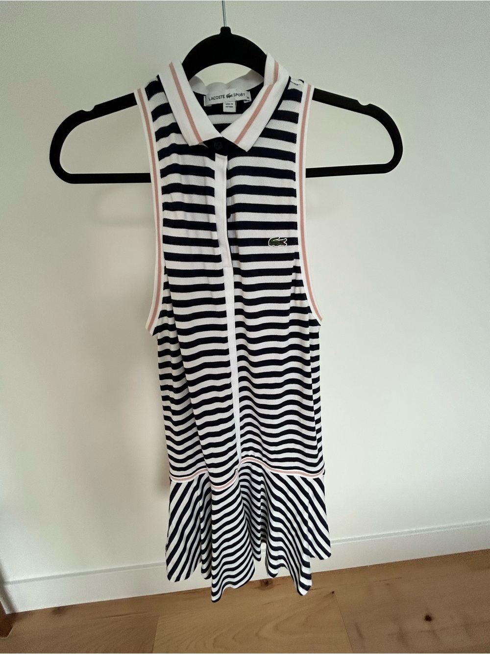 Lacoste Navy & White Striped Sleeveless Polo Dress with Pink Trim